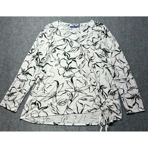 Apt 9 Blouse Womens XL White Black Floral Pattern Left Side Knot Round Neck New